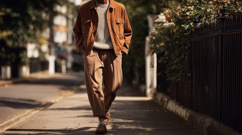 2026 Fashion Trends Image man walking down street in casually stylish clothes tan colour