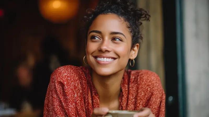 happy woman with a mug of coffee