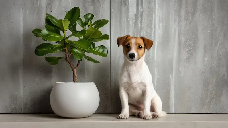 jack russell dog next to rubber plant