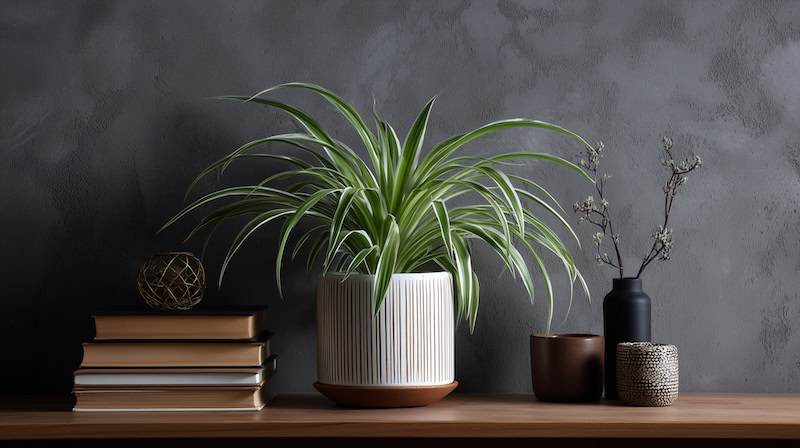 pet friendly spider plant on a shelf with books