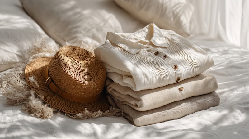 summer wardrobe edit clothes on a bed