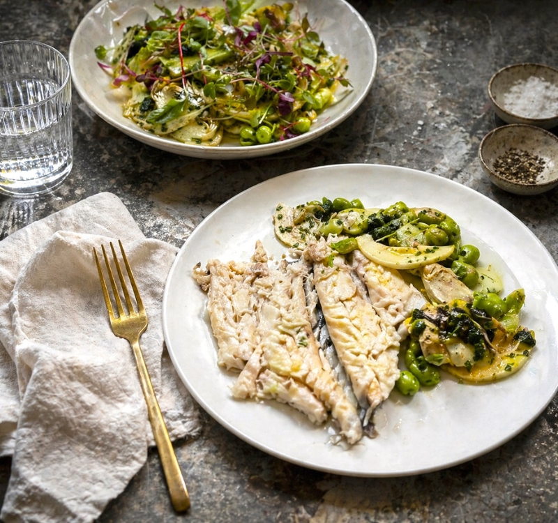 john gionlekas seasonal spring recipes with little olive oil sea bass and spiky artichokes